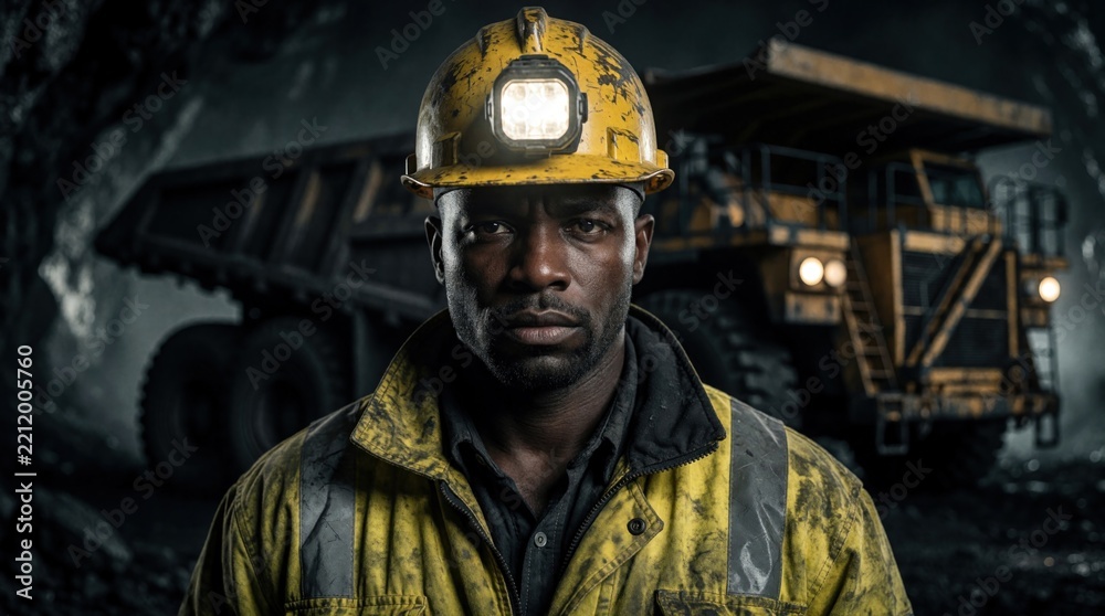 Fototapeta premium Portrait of determined black miner wearing yellow hard hat with bright headlamp in dark underground tunnel. Strong man stands near massive mining dump truck. Industrial worker looks serious with