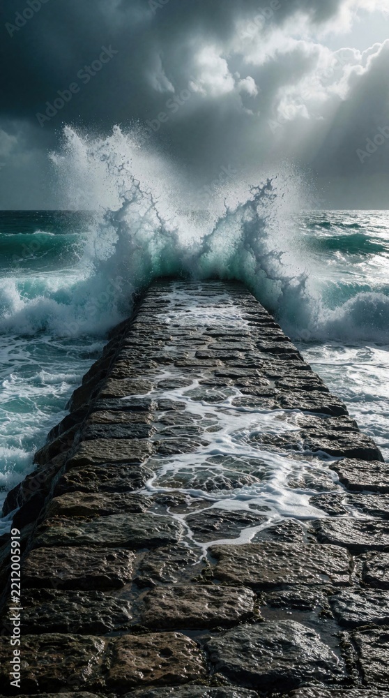 Fototapeta premium Powerful ocean waves crash over stone jetty during storm. Huge water splashes hit breakwater structure under dark moody sky. Rough sea swell creates white foam, spray on rocky pier. Dramatic coastal