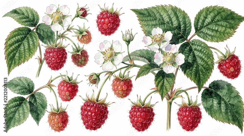 Obraz premium Watercolor painting of ripe red raspberry plant. Juicy berries on green stems with white flowers, leaves. Hand drawn botanical illustration of summer fruit garden harvest. Organic forest berries