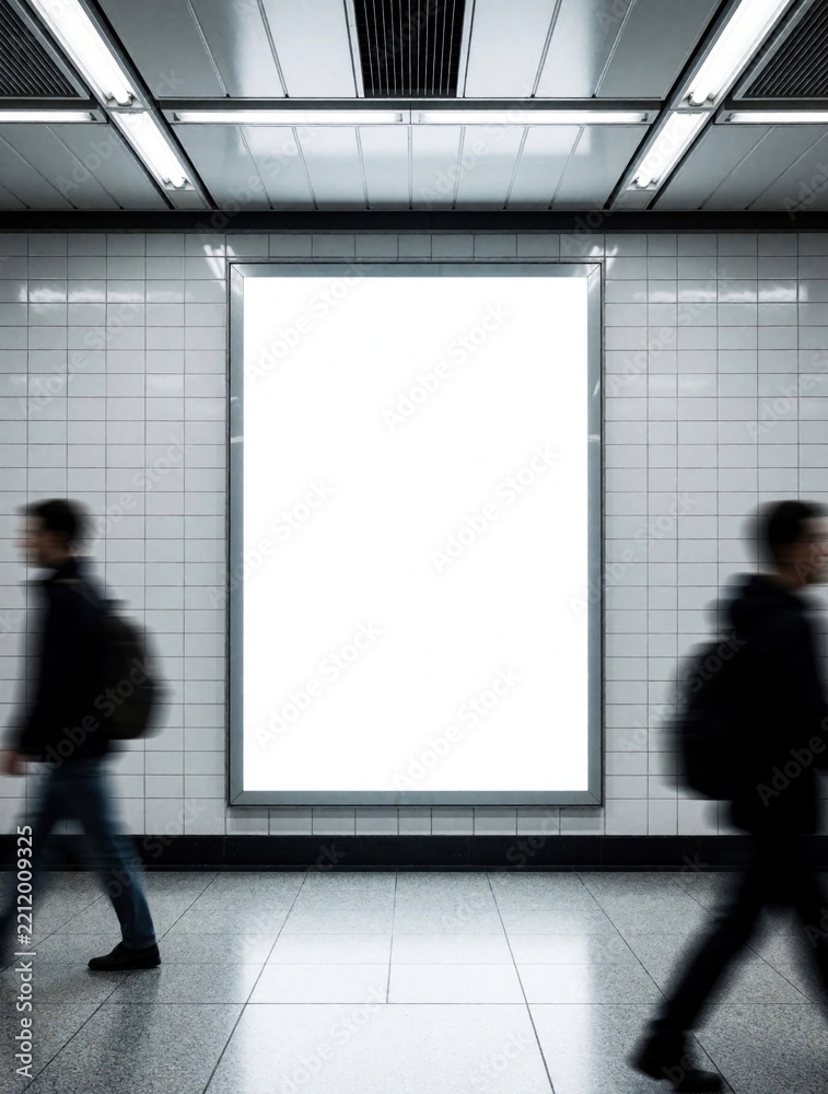 Fototapeta premium Blank white billboard inside subway station. Large empty advertising marquee on tiled wall in metro tunnel. Blurred people walk past poster mockup. Commercial space for marketing brand message urban