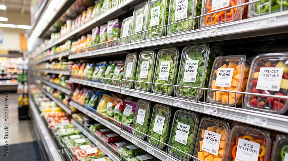 Fototapeta premium Grocery store shelves filled with various plastic containers of fresh salad, baby spinach, sliced peppers, and fruit mixes for sale in a supermarket