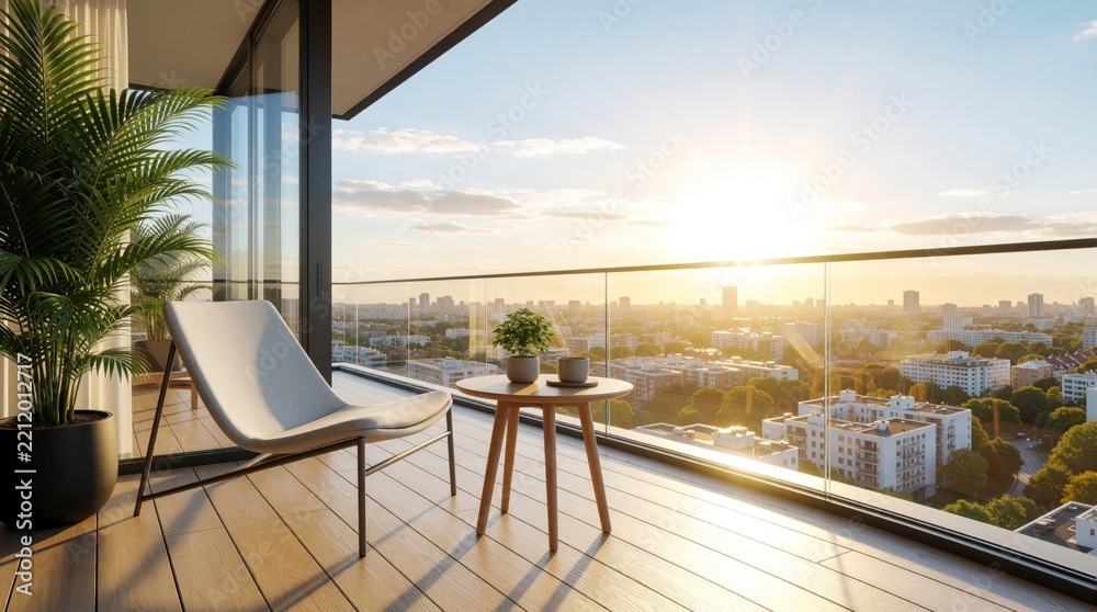 Fototapeta premium Modern apartment balcony with lounge chair, small wooden table overlooking bright city skyline at sunset. Minimalist terrace design features green plant in pot, glass railing. Urban view with sun