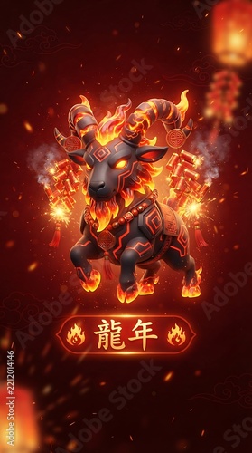 Fiery Ram Chinese Zodiac New Year Celebration with Glowing Lanterns and Festive Atmosphere.