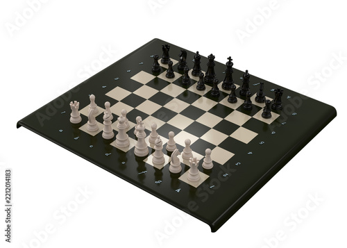 Chess pieces on the board in the starting position. isolated. 3D Rendering.	