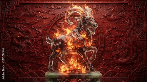 Majestic Fiery Goat Sculpture on a Richly Textured Red Background.
