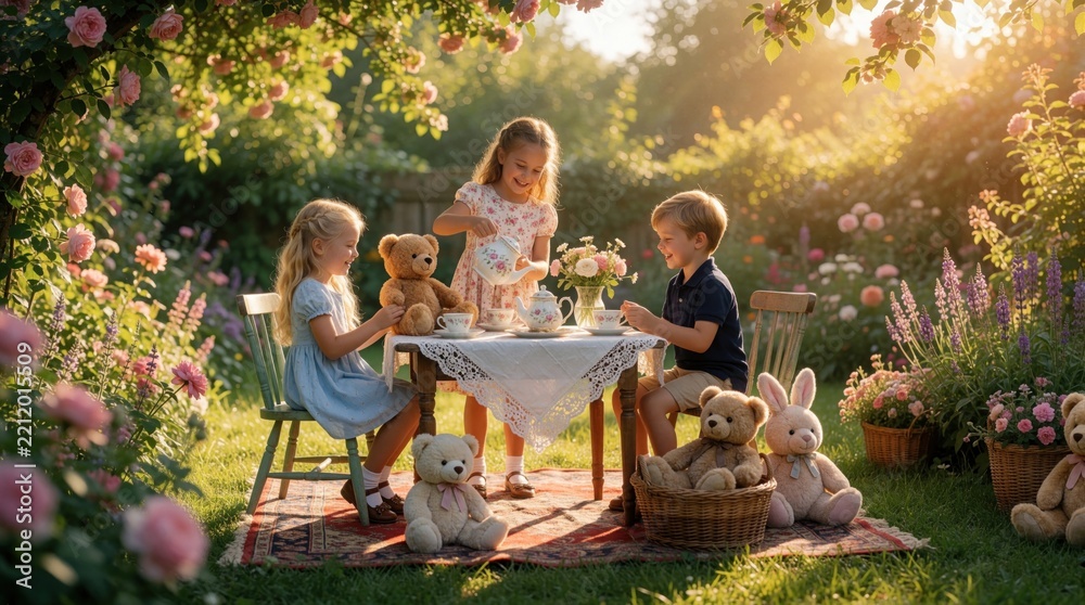 Obraz premium Three happy children host tea party in sunny garden. Little girl pours tea from porcelain teapot for friends. Kids sit around table with teddy bears, snacks, flowers. Summer afternoon backyard play