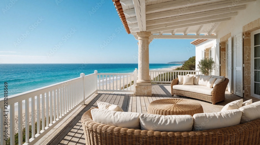 Fototapeta premium Luxury villa terrace with wicker furniture, white cushions overlooks blue ocean. Spacious wooden patio features comfy sofas, outdoor seating, white railings. Sunny mediterranean coast offers calm sea