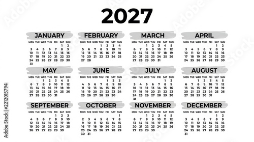 Calendar 2026, calendar 2027 week start Monday corporate design planner template.Calendar 2027 template, Planner 2027 year, Wall calendar  template, Week Starts Monday, Set of 12 calendar,