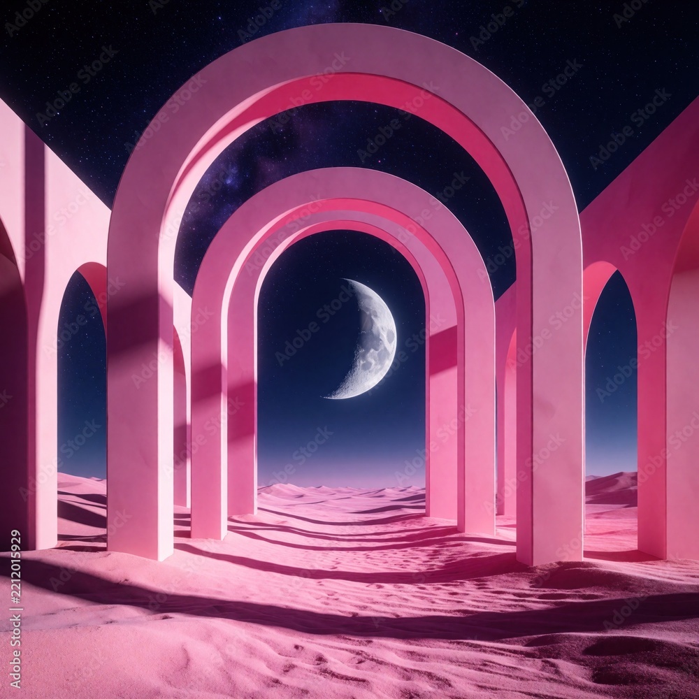 Fototapeta premium Surreal pink arches form pathway through desert dunes under night sky. Crescent moon shines above sand hills in dreamlike landscape. Minimalist geometric architecture creates tunnel effect toward
