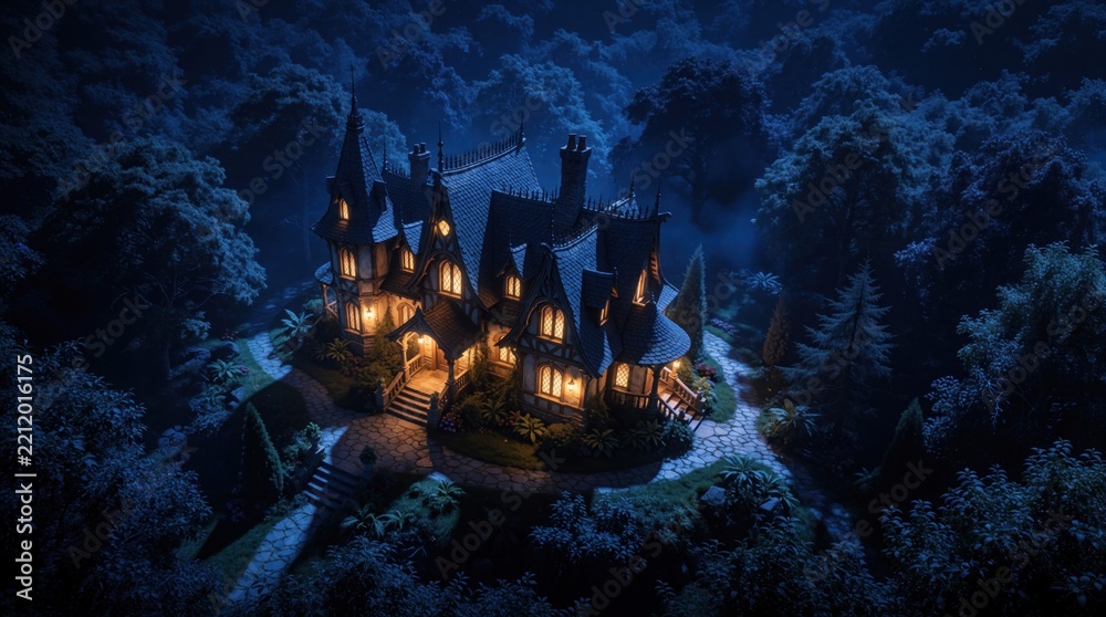 Obraz premium Aerial drone view of magical fantasy house in dark forest at night. Glowing windows light up mysterious old mansion nestled among dense trees. Enchanted architecture sits alone in spooky woods under
