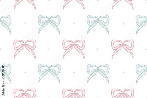 Seamless pattern with pink and blue bows and polka dots.