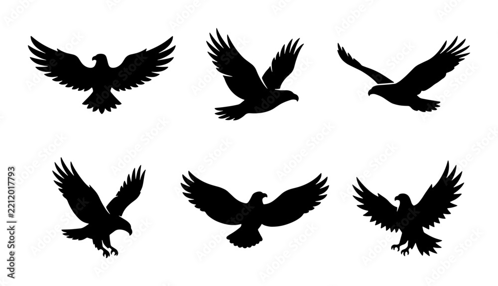 Fototapeta premium Eagle silhouettes set with birds in flight, wings spread for logo and print