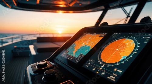 Digital navigation system on modern yacht deck at sunset. Marine electronic display shows sea map radar, GPS data. High tech dashboard interface with control knobs helps sailor track course, position