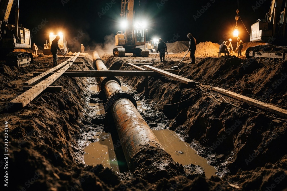 Fototapeta premium Workers install large metal pipeline in deep trench at night construction site. Heavy machinery, floodlights illuminate excavation area with dirt, water. Men manage groundwork for city infrastructure