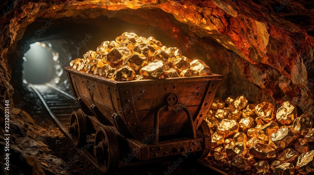 Fototapeta premium Wooden cart full of shiny gold nuggets in dark mine tunnel. Heavy ore piled in mining trolley on railway tracks. Glowing precious metal treasure found deep underground during mineral excavation.