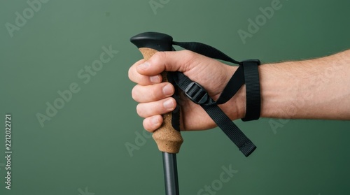 Close-up of a hand holding a hiking pole with a strap.