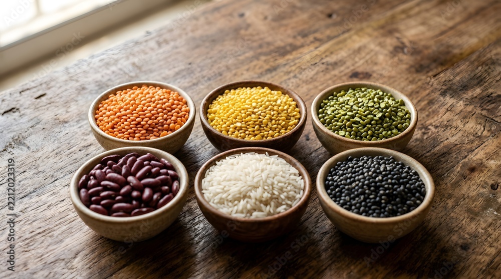 Fototapeta premium Diverse Assortment of Colorful Dried Grains and Legumes in Wooden Bowls