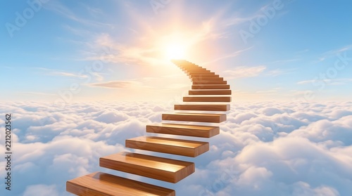 Surreal Wooden Staircase Ascending Through Clouds Towards a Radiant Sun for Success Concept