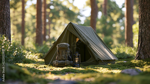 Two green tents nestle in a quiet woodland clearing