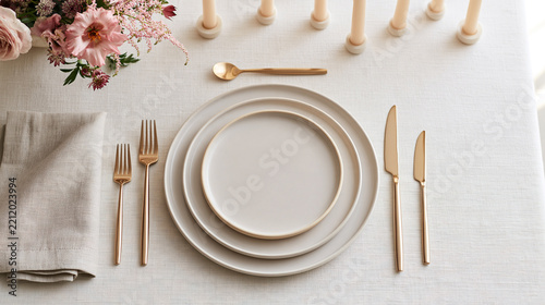 Pink blossoms brighten an elegant place setting on white linen