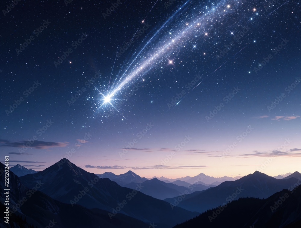 Fototapeta premium Bright shooting star falls over dark mountain range at night. Huge comet with sparkling tail shines in starry sky above misty peaks. Celestial event creates magical landscape with blue, pink horizon