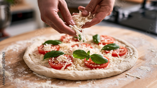 A homemade pizza receives cheese on a wooden board