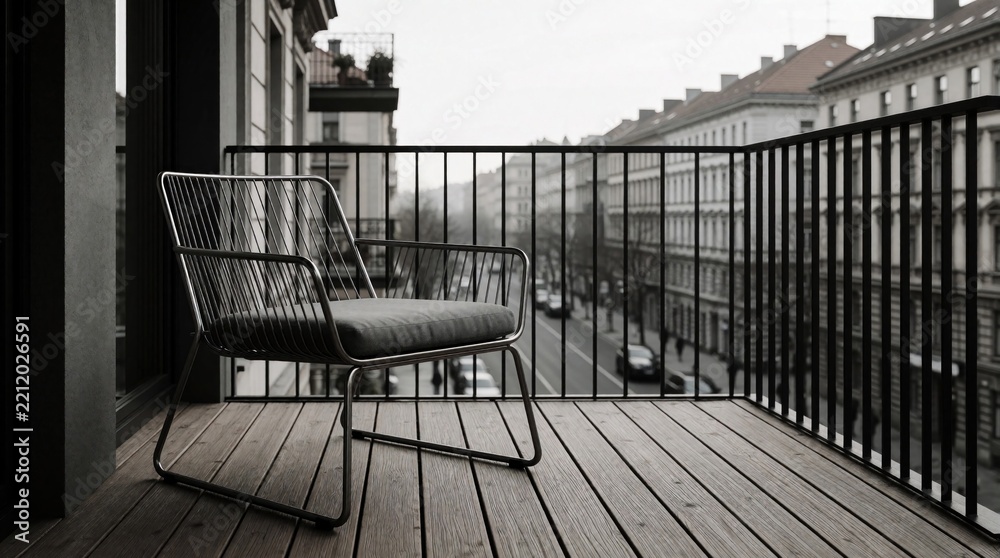 Fototapeta premium Modern wire armchair with grey cushion sits on wooden balcony floor. Minimalist metal furniture overlooks busy city street from urban apartment terrace. Stylish outdoor offers view of residential