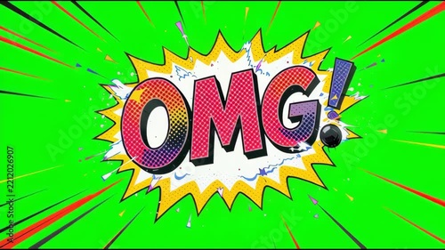 OMG Pop Art Text Explosion on Chroma Key Green Screen with Comic Book Style and Speed Lines