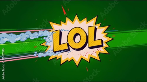 LOL Comic Text Animated Pop Art Explosion Bubble Green Background Retro Cartoon Style