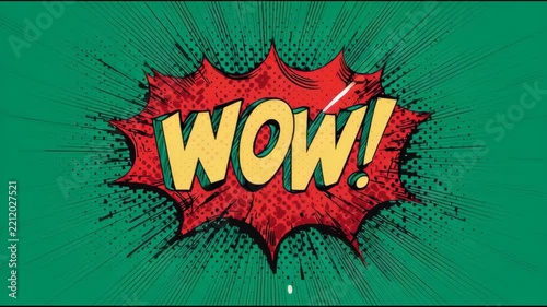 WOW! Pop Art Animation Retro Comic Style Explosion on Green Halftone Background Vintage Energy