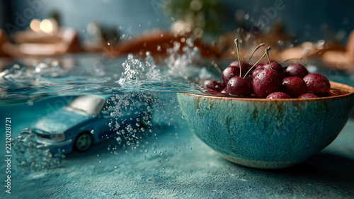 Cherries Floating in Water with Toy Car, Surreal Scene