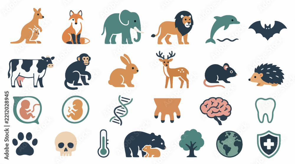 Obraz premium Colorful flat icons of animals symbols and science elements.