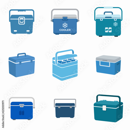 Set Of Portable Cooler Box Icons For Camping And Outdoor Picnics