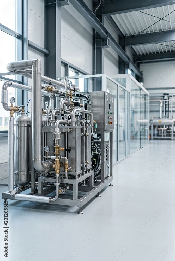 Obraz premium Advanced Industrial Hydrogen Production Unit in a Modern Laboratory Setting.