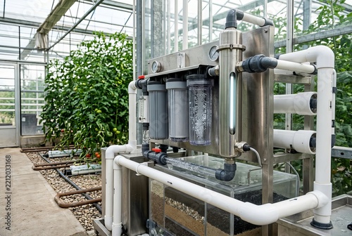 Advanced Hydroponic Water Filtration System in a Modern Greenhouse Environment.
