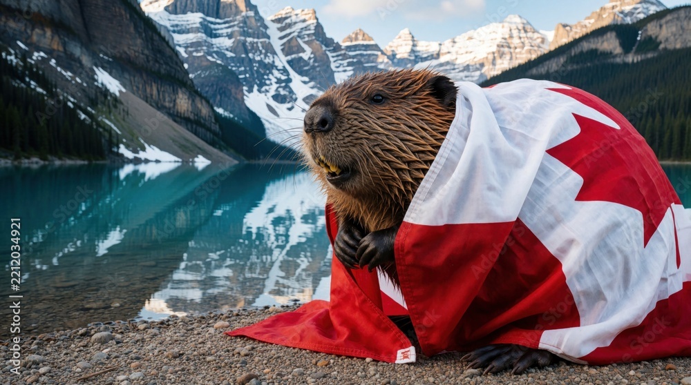 Obraz premium Canadian beaver wrapped in national flag near mountain lake. Wild animal sits on rocky shore with snowy peaks, turquoise water background. Symbol of Canada pride, wildlife in beautiful Banff nature