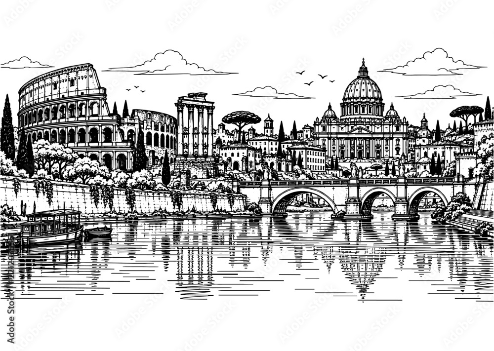Obraz premium Rome City Skyline Black and White Line Art