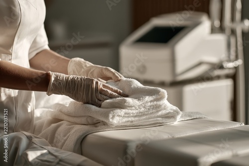 Beauty specialist preparing fresh towels in a modern aesthetic treatment room