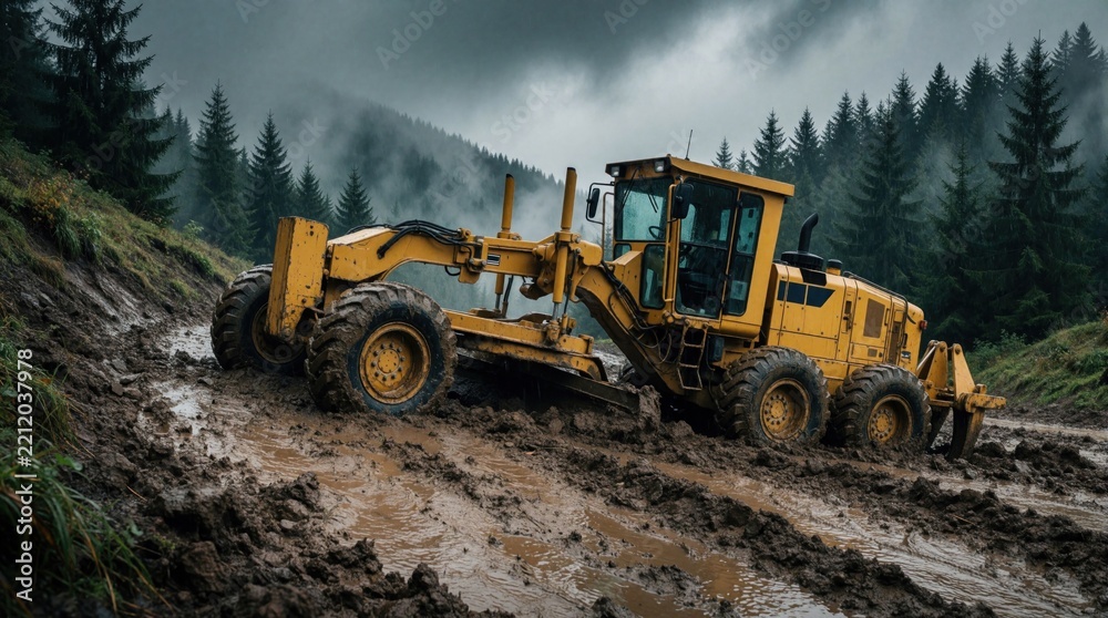 Fototapeta premium Yellow motor grader stuck in deep mud on steep hillside. Heavy rain makes terrain slippery, difficult for construction machinery. Large vehicle partially submerged in wet dirt during bad weather.
