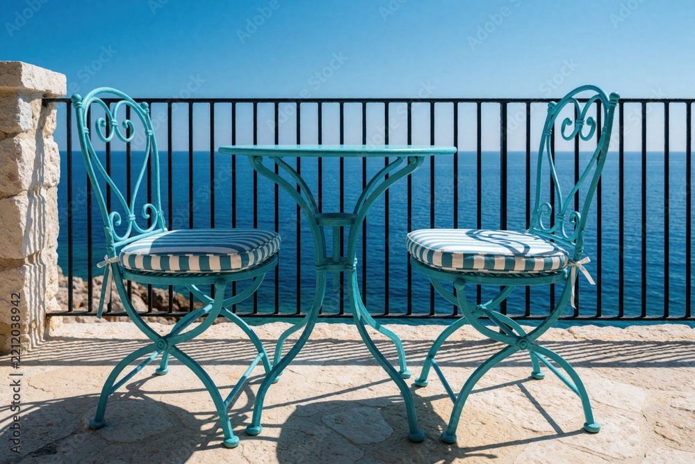 Fototapeta premium Stylish turquoise metal table, two chairs with blue striped cushions sit on stone terrace. Scenic Mediterranean sea view background with black railing. Luxury outdoor furniture setup for breakfast