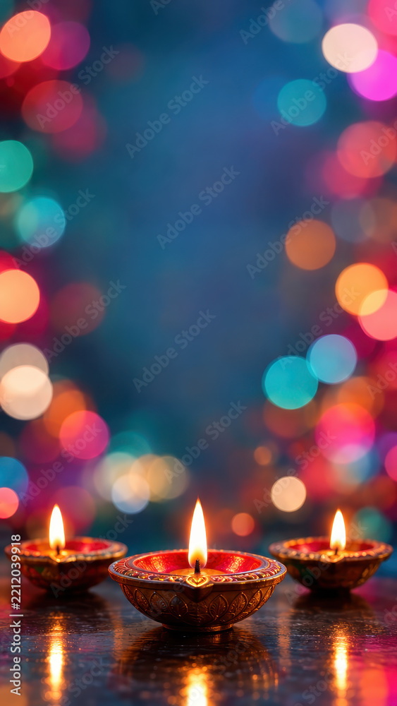 Fototapeta premium Diwali lamps beneath open festive greeting space, decorated clay diyas for deepavali celebration with colorful home lights, invitation background with copy space