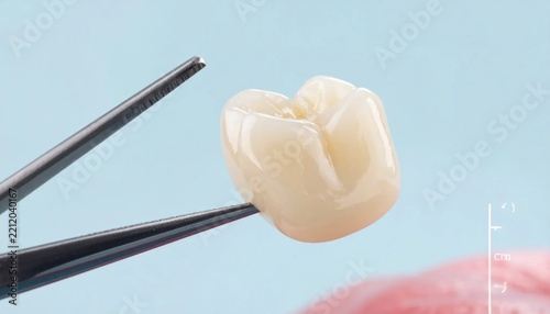 Dental implant with surgical forceps closeup.