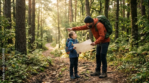 Father Guiding Child with Map on Forest Hiking Trail