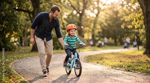 Caring Father Guiding Young Child Learning to Ride Bicycle in Park
