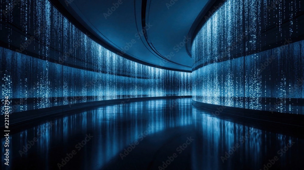 Fototapeta premium Futuristic curved tunnel with blue LED lighting. Modern architecture features glowing digital patterns on walls. Abstract tech corridor with light effects, reflective floor. Cyberpunk style interior