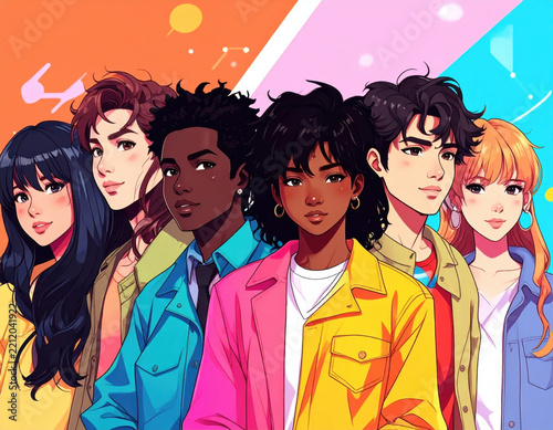 Digital illustration of diverse young adult friends in colorful clothing, smiling together against vibrant geometric background with energetic fashion style and joyful expression