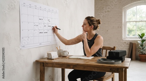 Fitness instructor writing on a wall calendar to organize her upcoming weekly training schedule