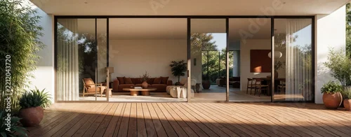 Panel kuchenny z motywem Modern house entrance with large glass sliding doors, wooden deck. Minimalist interior shows living room with cozy sofa, dining area. Contemporary architecture features wide windows, garden view,