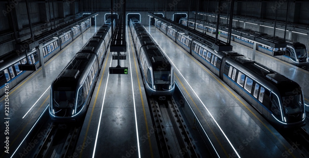 Fototapeta premium Futuristic automated subway depot with sleek electric trains on tracks. High tech metro station interior features LED guide lines, glowing lights, clean concrete floors. Autonomous carriages dock at