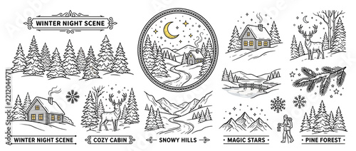 Winter Night Scene Illustrations Set